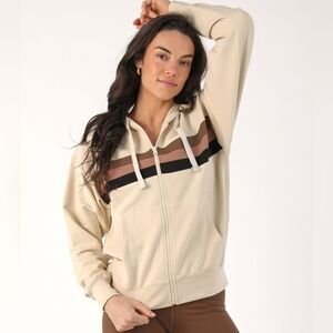Glyder Vintage Oversized Zip Up Hoodie Oatmilk Chocolate Latte Stripe Size S